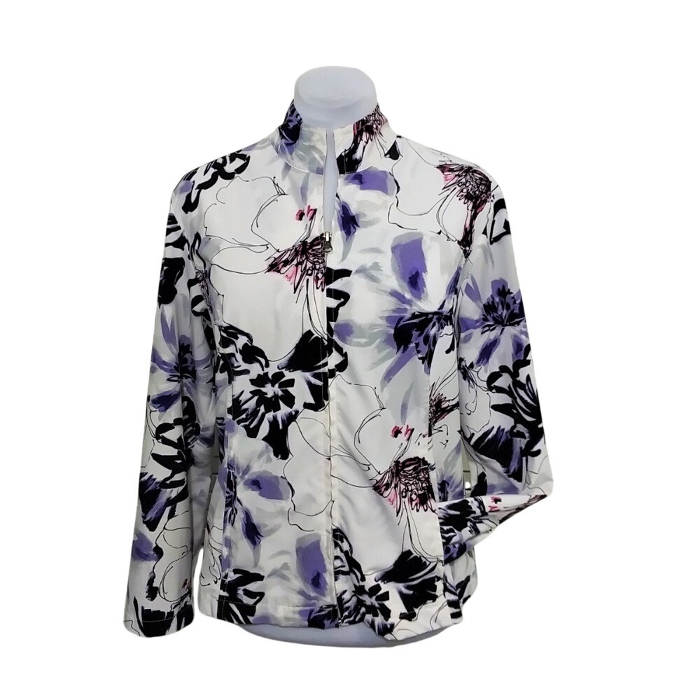 Zenergy by Chicos Womens‎ Purple Floral Full Zip Performance Jacket Size 1 M/L